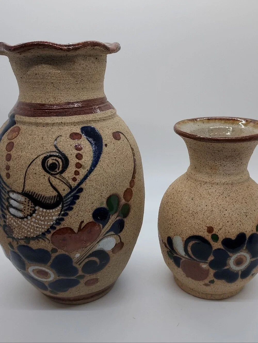 Vintage Tonala Sandstone Mexican Pottery Vases Flowers Floral Blue Brown (2)